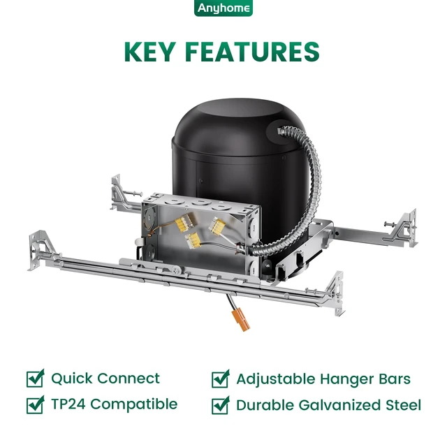 Alt view image 4 of 7 - Anyhome 6 Inch Can Light Housing,UL Listed,120-277V,6Pack,New Construction | Black Recessed Light Housing,IC-RatedAirtight,TP24 Connector,9 1/8"-25" Hanger Bars For Wood Joists,Ceiling Installation