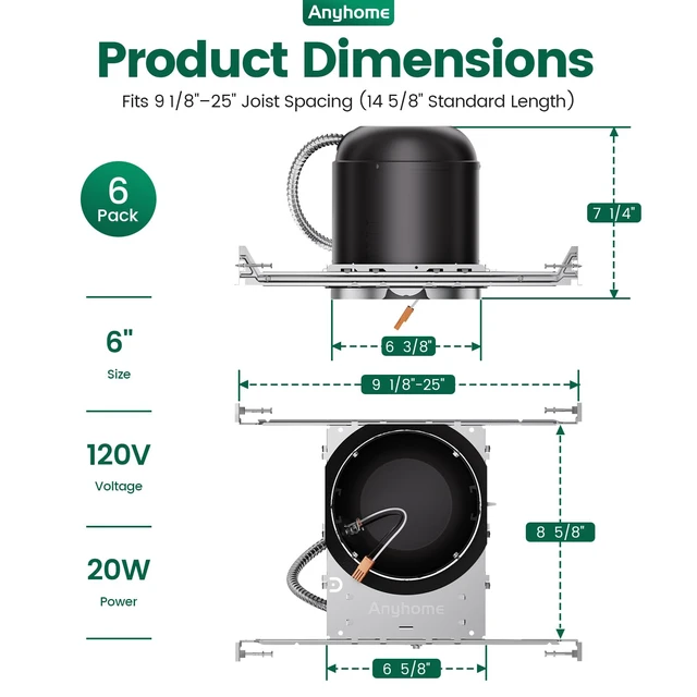 Alt view image 5 of 7 - Anyhome 6 Inch Can Light Housing,UL Listed,120-277V,6Pack,New Construction | Black Recessed Light Housing,IC-RatedAirtight,TP24 Connector,9 1/8"-25" Hanger Bars For Wood Joists,Ceiling Installation