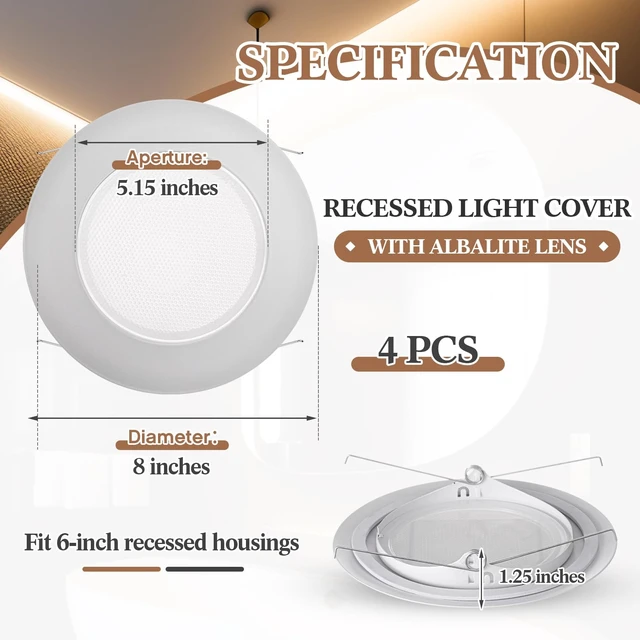 Alt view image 2 of 6 - Glooglitter 4 Pcs 6 Inch Shower Trim Recessed Light Covers with Lens | White Albalite Lens Diffuser, Waterproof Ceiling Trim for Wet Bathroom, Replacement with Spring Clips, Easy Install Fixture