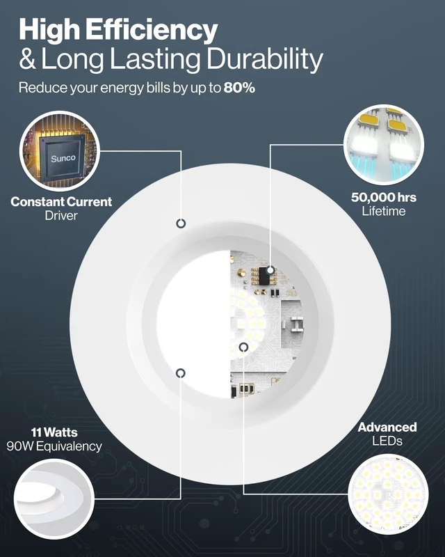 Alt view image 4 of 6 - Sunco 10 Pack 4 Inch LED Recessed Lights, Smooth Retrofit, 5CCT, Dimmable | 11W, 660 lumens, 2700K-5000K selectable; E26 adapter and TP24 connector for 4-inch recessed cans, Dimmable -UL