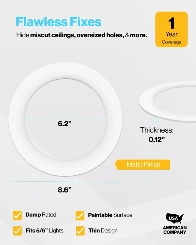 Alt view image 2 of 6 - Sunco 12 Pack 6 Inch Recessed Light Goof Ring, White, Matte Finish | Flush Mount White Can Light Trim Ring Cover, OD 8.6 Inch/ID 6.2 Inch, Paintable, Covers Oversized Ceiling Holes