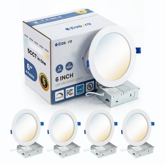 Main image of Easora Recessed Lighting 6 Inch 4Packs, 5CCT 2700K-5000K Anti-Glare LED Can Lights, 12W 1080LM High Brightness Dimmable Recessed Lights, Easy-to-Install Wafer Light with Junction Box, ETL & FCC & IC