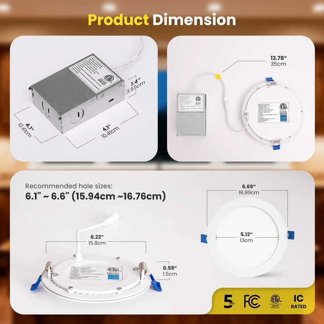 Alt view image 5 of 7 - Easora Recessed Lighting 6 Inch 4Packs, 5CCT 2700K-5000K Anti-Glare LED Can Lights, 12W 1080LM High Brightness Dimmable Recessed Lights, Easy-to-Install Wafer Light with Junction Box, ETL & FCC & IC