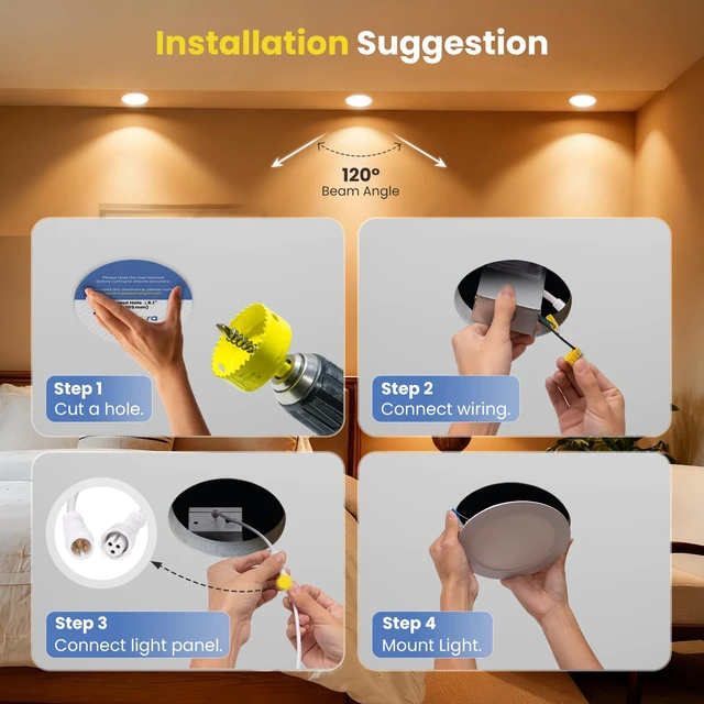 Alt view image 6 of 7 - Easora Recessed Lighting 6 Inch 4Packs, 5CCT 2700K-5000K Anti-Glare LED Can Lights, 12W 1080LM High Brightness Dimmable Recessed Lights, Easy-to-Install Wafer Light with Junction Box, ETL & FCC & IC