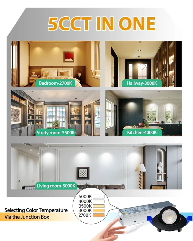 Alt view image 3 of 7 - zouzai 2 Inch Gimbal LED Recessed Lights, 5CCT, 5W 550LM, Black 4 Pack | 2700K-5000K Selectable, 5%-100% Dimmable, 360°+90° Directional Eyeball Downlight, with Junction Box, CRI90+, ETL & IC Rated