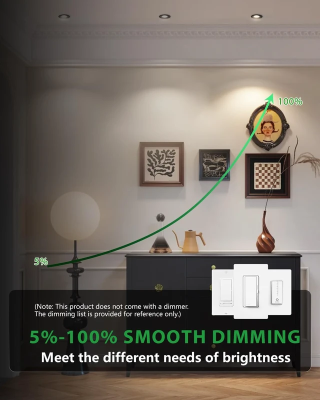 Alt view image 4 of 7 - zouzai 2 Inch Gimbal LED Recessed Lights, 5CCT, 5W 550LM, Black 4 Pack | 2700K-5000K Selectable, 5%-100% Dimmable, 360°+90° Directional Eyeball Downlight, with Junction Box, CRI90+, ETL & IC Rated