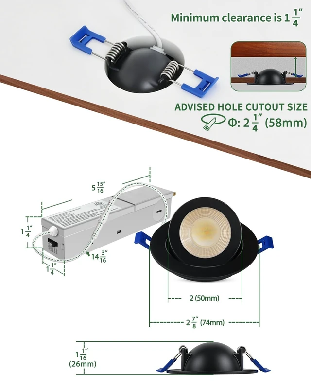 Alt view image 5 of 7 - zouzai 2 Inch Gimbal LED Recessed Lights, 5CCT, 5W 550LM, Black 4 Pack | 2700K-5000K Selectable, 5%-100% Dimmable, 360°+90° Directional Eyeball Downlight, with Junction Box, CRI90+, ETL & IC Rated