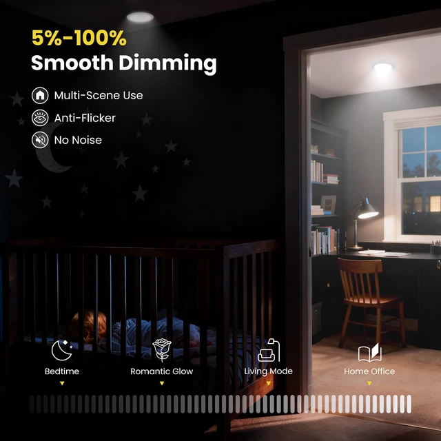 Alt view image 4 of 7 - Easora Recessed Lighting 6 Inch 4Packs, 5CCT 2700K-5000K Anti-Glare LED Can Lights, 12W 1080LM High Brightness Dimmable Recessed Lights, Easy-to-Install Wafer Light with Junction Box, ETL & FCC & IC