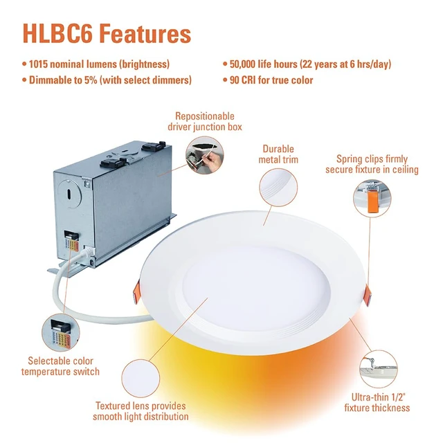 Alt view image 4 of 7 - HALO HLBC Slim Regressed Canless LED Recessed Lighting 6 inch 5CCT 900lm | Regressed prismatic lens for visual comfort, IC rated, AIR-TITE, wet rated for soffit /shower light, dims to 5% + dim to warm