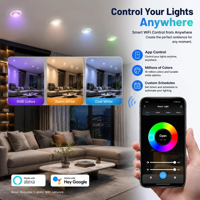Alt view image 3 of 7 - LEDLightsWorld 3 inch Smart Recessed Lighting, 110V 5W, WiFi RGBCW 2700K-6000K Dimmable Color Changing LED Retrofit Downlight, CRI 80 with Driver, Compatible with Alexa/Google Assistant, 4 Pack