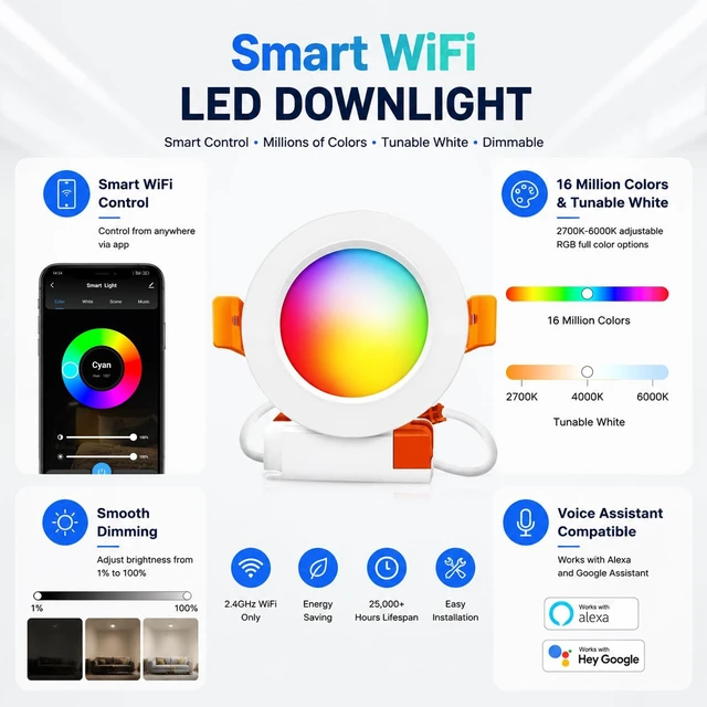 Alt view image 2 of 7 - LEDLightsWorld 3 inch Smart Recessed Lighting, 110V 5W, WiFi RGBCW 2700K-6000K Dimmable Color Changing LED Retrofit Downlight, CRI 80 with Driver, Compatible with Alexa/Google Assistant, 4 Pack