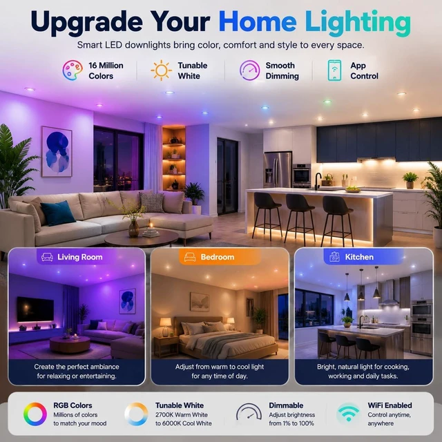 Alt view image 6 of 7 - LEDLightsWorld 3 inch Smart Recessed Lighting, 110V 5W, WiFi RGBCW 2700K-6000K Dimmable Color Changing LED Retrofit Downlight, CRI 80 with Driver, Compatible with Alexa/Google Assistant, 4 Pack