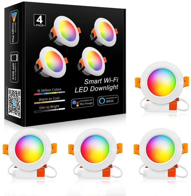 Main image of LEDLightsWorld 3 inch Smart Recessed Lighting, 110V 5W, WiFi RGBCW 2700K-6000K Dimmable Color Changing LED Retrofit Downlight, CRI 80 with Driver, Compatible with Alexa/Google Assistant, 4 Pack