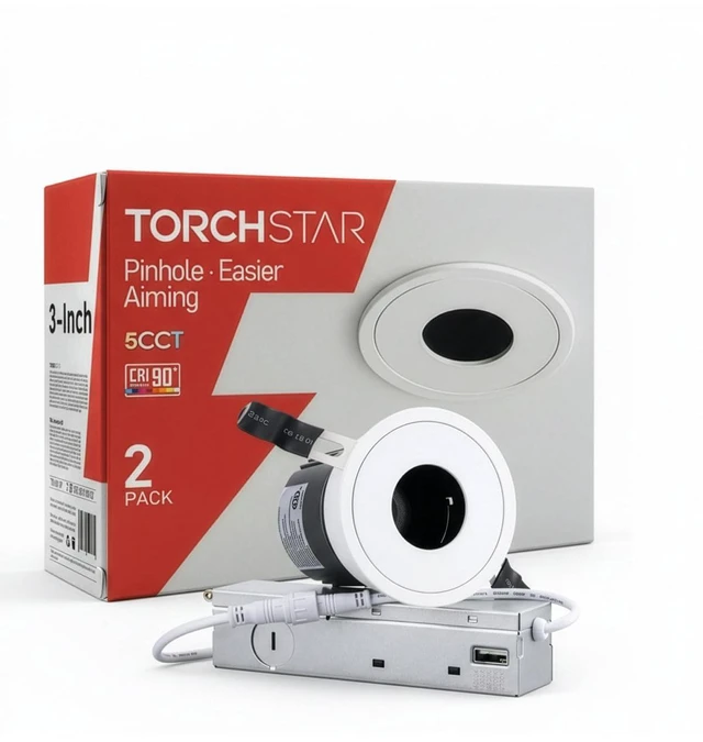 Main image of TORCHSTAR 2-Pack 3 Inch 5CCT LED Pinhole Recessed Lights with J-Box | 30° Ultra-Narrow Recessed Ceiling Spotlight for Layered Lighting, IC Rated, Dimmable, Anti-Glare, CRI 90, 2700-5000K, ETL FCC