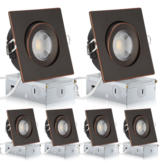 Main image of KnLnny Ware Bronze 4 Inch Square Gimbal Recessed LED Spot Lights,6 Pack | 9W, IC Rated Air Tight, Swivel Adjustable Eyeball Downlight with J Box, 180° Rotation Canless LED Ceiling Light