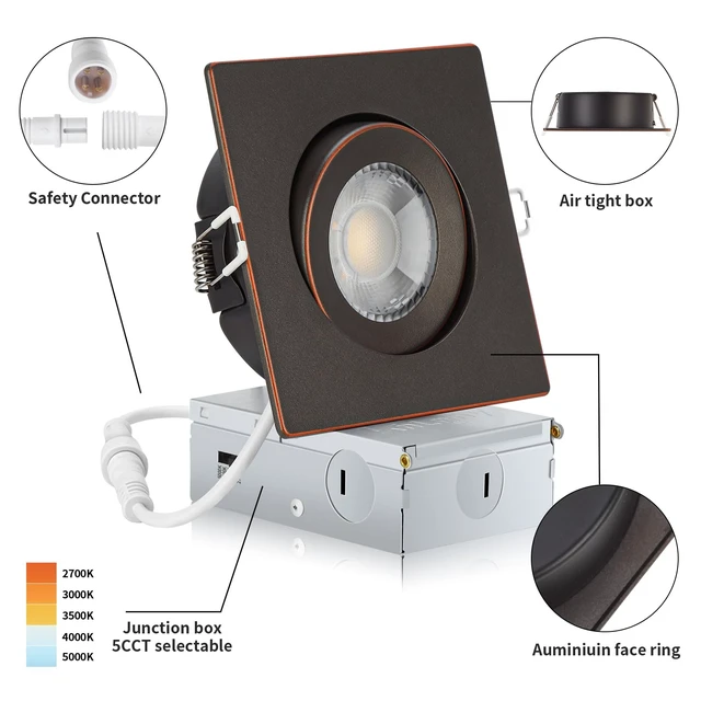 Alt view image 4 of 7 - KnLnny Ware Bronze 4 Inch Square Gimbal Recessed LED Spot Lights,6 Pack | 9W, IC Rated Air Tight, Swivel Adjustable Eyeball Downlight with J Box, 180° Rotation Canless LED Ceiling Light
