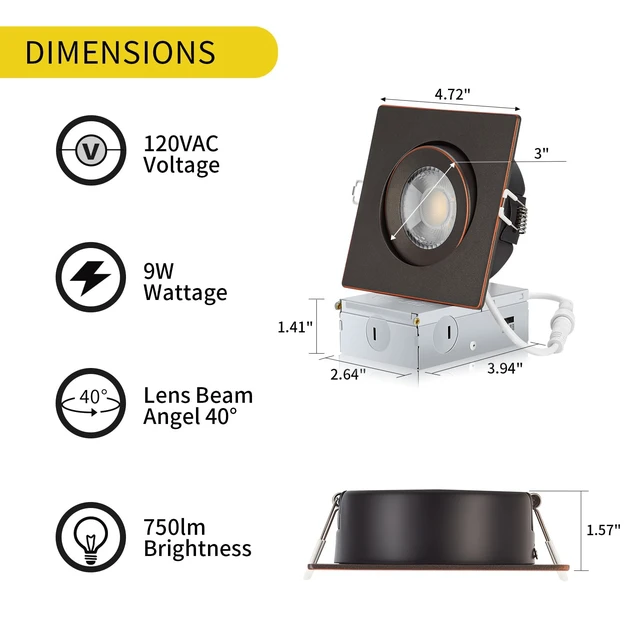 Alt view image 5 of 7 - KnLnny Ware Bronze 4 Inch Square Gimbal Recessed LED Spot Lights,6 Pack | 9W, IC Rated Air Tight, Swivel Adjustable Eyeball Downlight with J Box, 180° Rotation Canless LED Ceiling Light