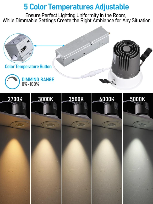 Alt view image 7 of 7 - TORCHSTAR 2-Pack 3 Inch 5CCT LED Pinhole Recessed Lights with J-Box | 30° Ultra-Narrow Recessed Ceiling Spotlight for Layered Lighting, IC Rated, Dimmable, Anti-Glare, CRI 90, 2700-5000K, ETL FCC