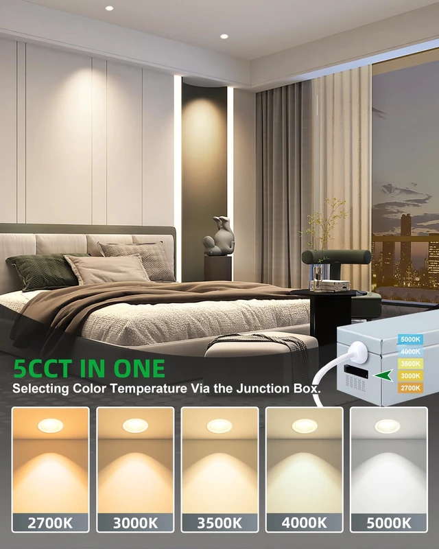 Alt view image 3 of 7 - zouzai 2 inch Recessed Lighting, Anti-Glare, 5CCT, 8W 840LM, White 6 Pack | 2700K/3000K/3500K/4000K/5000K Selectable, Dimmable, IP65 Waterproof, Exterior Soffit Lighting, CRI90+, ETL & IC Rated
