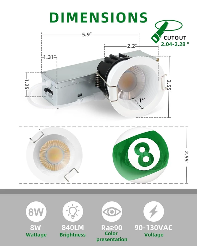 Alt view image 5 of 7 - zouzai 2 inch Recessed Lighting, Anti-Glare, 5CCT, 8W 840LM, White 6 Pack | 2700K/3000K/3500K/4000K/5000K Selectable, Dimmable, IP65 Waterproof, Exterior Soffit Lighting, CRI90+, ETL & IC Rated