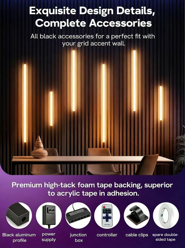 Alt view image 2 of 6 - 3000K LED Recessed Lighting Kit, 6pcs Adhesive Wall Strip Lights with WiFi | Wall Panel Light for Wood Slat Wall Panels, Black Shell Lights Alexa & Google Assistant for Stairs Under Cabinet Home Decor