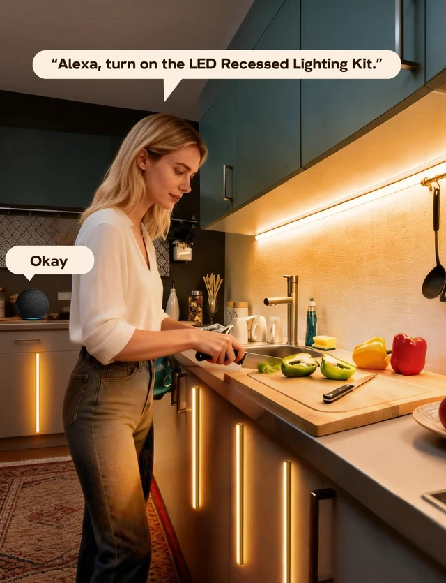 Alt view image 4 of 6 - 3000K LED Recessed Lighting Kit, 6pcs Adhesive Wall Strip Lights with WiFi | Wall Panel Light for Wood Slat Wall Panels, Black Shell Lights Alexa & Google Assistant for Stairs Under Cabinet Home Decor