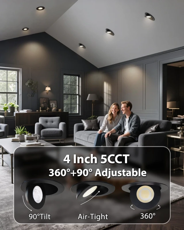 Alt view image 2 of 7 - Adetu 4 inch Black Gimbal LED Recessed Light, 5CCT, 10W=95W,982LM, 4 Pack | 360°+90° Rotatable, MultiAngle Adjustable, 2700K5000K Selectable CCT, 5%100% Dimming, Damp Rated, ETL&IC