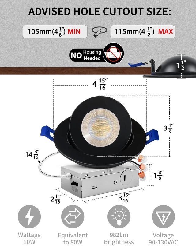 Alt view image 5 of 7 - Adetu 4 inch Black Gimbal LED Recessed Light, 5CCT, 10W=95W,982LM, 4 Pack | 360°+90° Rotatable, MultiAngle Adjustable, 2700K5000K Selectable CCT, 5%100% Dimming, Damp Rated, ETL&IC