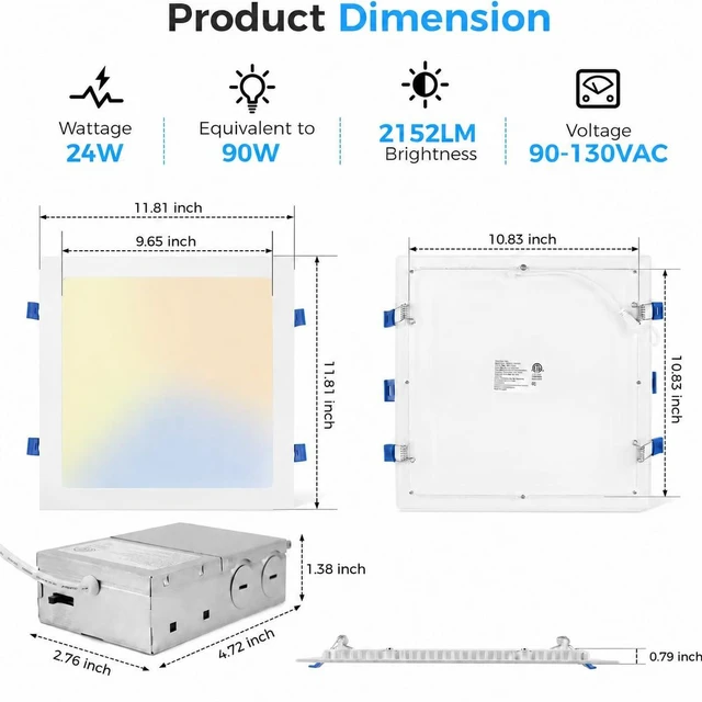 Alt view image 3 of 7 - HONZIN 2 Pack 12 Inch Square LED Recessed Lighting, 24W, 5CCT, Ultra-Thin | Dimmable IC Rated Canless Ceiling Lights with Junction Box, Selectable 2700K/3000K/3500K/4000K/5000K, White