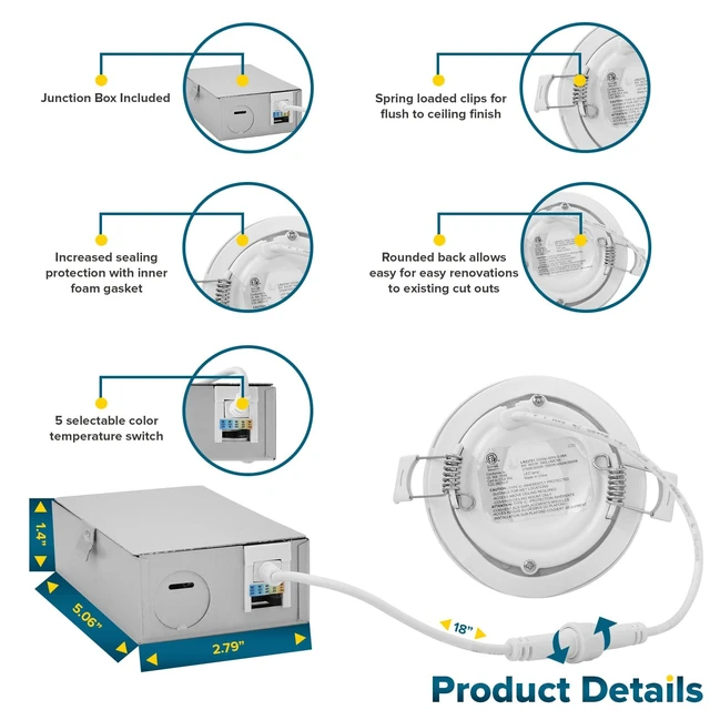 Alt view image 3 of 5 - SUNPERIAN 3 Inch Ultra-Thin LED Recessed Lighting with Junction Box, 5 Color Options 2700K/3000K/3500K/4000K/5000K, 8W, 540 Lumens, Dimmable Wafer Lights, Wet Rated, IC Rated, ETL Listed (4 Pack)