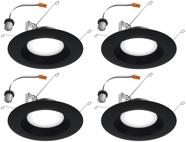 Main image of Halo LT 5/6 inch LED recessed Can Light Trim 5CCT dimmable 685lm Black 4PK | recessed baffle retrofit can light replacement trim, low glare, wet-rated for showers and outdoor use, Dims to 10%