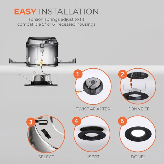 Alt view image 5 of 7 - Halo LT 5/6 inch LED recessed Can Light Trim 5CCT dimmable 685lm Black 4PK | recessed baffle retrofit can light replacement trim, low glare, wet-rated for showers and outdoor use, Dims to 10%