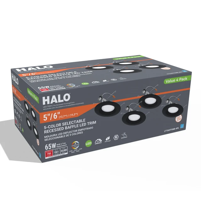 Alt view image 7 of 7 - Halo LT 5/6 inch LED recessed Can Light Trim 5CCT dimmable 685lm Black 4PK | recessed baffle retrofit can light replacement trim, low glare, wet-rated for showers and outdoor use, Dims to 10%