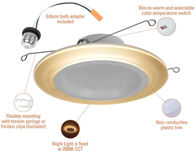 Alt view image 3 of 7 - HALO RL LED Recessed Lighting 5/6 inch Trim with Night Light 5CCT 1000lm | Retrofit can light toggle for night light , wet-rated for showers & protected ceilings, 2700K-5000K, Dims to 5%+dim to warm