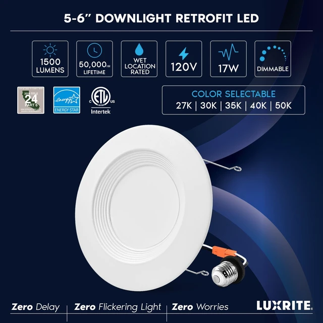 Alt view image 7 of 7 - LUXRITE 5/6 Inch Retrofit LED Recessed Lighting, 17W=90W, 1500LM (4 Pack) | 5CCT Color Selectable 2700K | 3000K | 3500K | 4000K | 5000K, Dimmable Can Light, CRI 90, Wet Rated, Energy Star, Baffle Trim