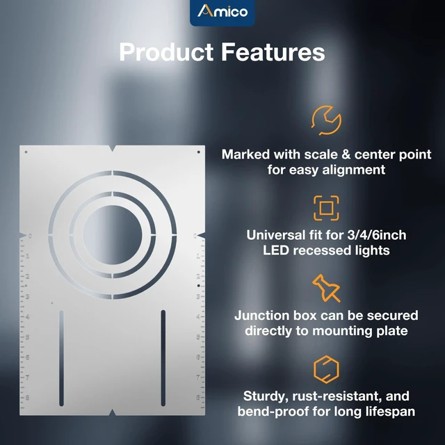 Alt view image 5 of 7 - Amico 12 Pack 13 Inch New Construction Mounting Plate, Wafer Light Bracket | Round Hole 3/4/6 Inch Flat Galvanized Steel Wafer Light Rough in Plate for LED Recessed Lighting Housing
