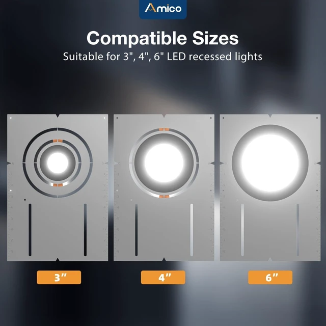 Alt view image 3 of 7 - Amico 12 Pack 13 Inch New Construction Mounting Plate, Wafer Light Bracket | Round Hole 3/4/6 Inch Flat Galvanized Steel Wafer Light Rough in Plate for LED Recessed Lighting Housing