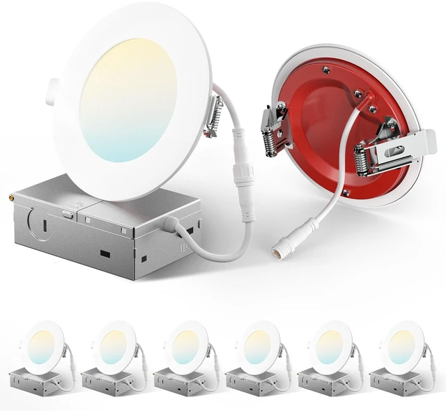 Main image of 6 Pack 4 Inch Fire Rated LED Recessed Light, 2 HR Fire Rating, 5CCT | 900LM, Dimmable, Ultra-Thin Ceiling Light with J-Box, 12W Eqv 110W, IC/ETL/FCC, No Tenmat Needed, Canless Wafer Downlight