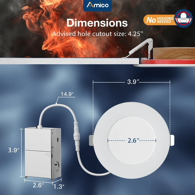 Alt view image 4 of 7 - 6 Pack 4 Inch Fire Rated LED Recessed Light, 2 HR Fire Rating, 5CCT | 900LM, Dimmable, Ultra-Thin Ceiling Light with J-Box, 12W Eqv 110W, IC/ETL/FCC, No Tenmat Needed, Canless Wafer Downlight