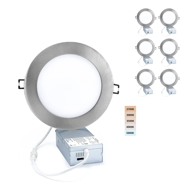 Main image of POPANU Premium LED Canless Recessed Downlight Ultra-Thin 6 Inch 5 CCT Adjustable Ceilling Light with Junction Box, 12W Color Temperature Selectable Lighting Fixture, Dimmable, 6 Pack, Brushed Nickel