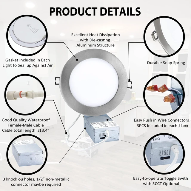 Alt view image 5 of 7 - POPANU Premium LED Canless Recessed Downlight Ultra-Thin 6 Inch 5 CCT Adjustable Ceilling Light with Junction Box, 12W Color Temperature Selectable Lighting Fixture, Dimmable, 6 Pack, Brushed Nickel