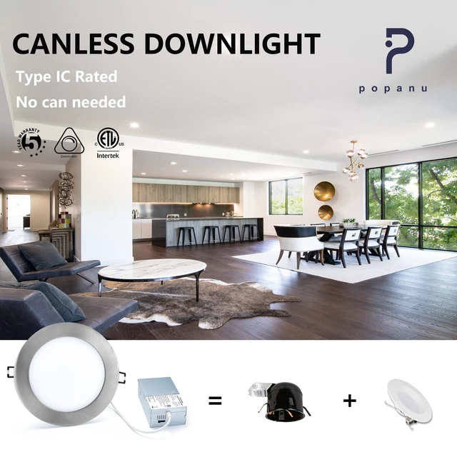 Alt view image 4 of 7 - POPANU Premium LED Canless Recessed Downlight Ultra-Thin 6 Inch 5 CCT Adjustable Ceilling Light with Junction Box, 12W Color Temperature Selectable Lighting Fixture, Dimmable, 6 Pack, Brushed Nickel