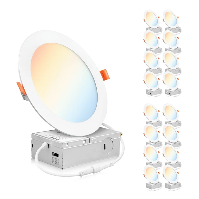 Main image of 16 Pack 6 Inch LED Recessed Lighting Canless Wafer Downlight, White | ETL, 5CCT, 120V, With Junction Box, 12W 1000LM, 5%-100% Dimmable, 5 Color Selectable 2700K-5000K, Ultra-Thin Can Lighting IC