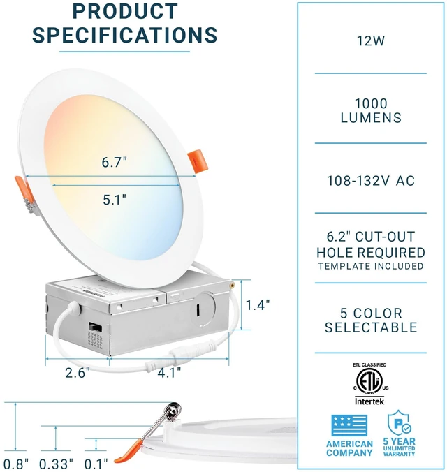 Alt view image 3 of 7 - 16 Pack 6 Inch LED Recessed Lighting Canless Wafer Downlight, White | ETL, 5CCT, 120V, With Junction Box, 12W 1000LM, 5%-100% Dimmable, 5 Color Selectable 2700K-5000K, Ultra-Thin Can Lighting IC