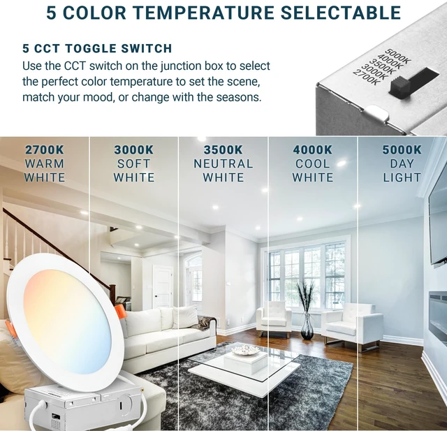 Alt view image 4 of 7 - 16 Pack 6 Inch LED Recessed Lighting Canless Wafer Downlight, White | ETL, 5CCT, 120V, With Junction Box, 12W 1000LM, 5%-100% Dimmable, 5 Color Selectable 2700K-5000K, Ultra-Thin Can Lighting IC