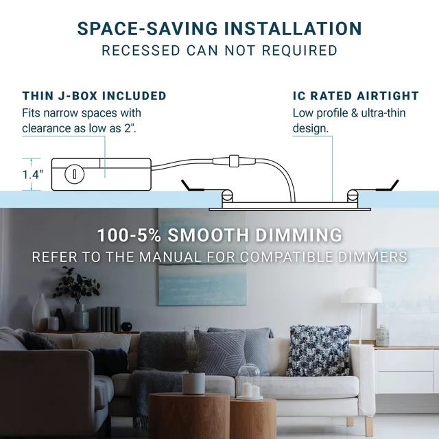 Alt view image 6 of 7 - 16 Pack 6 Inch LED Recessed Lighting Canless Wafer Downlight, White | ETL, 5CCT, 120V, With Junction Box, 12W 1000LM, 5%-100% Dimmable, 5 Color Selectable 2700K-5000K, Ultra-Thin Can Lighting IC