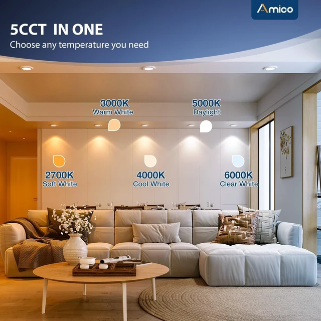Alt view image 2 of 6 - Amico 5/6 Inch Adjustable LED Recessed Lights, 4 Pack, 5CCT Can Lights | 12W=100W, 950LM, 2700K/3000K/4000K/5000K/6000K Selectable, Dimmable, IC & Damp Rated, Retrofit Installation, ETL & FCC