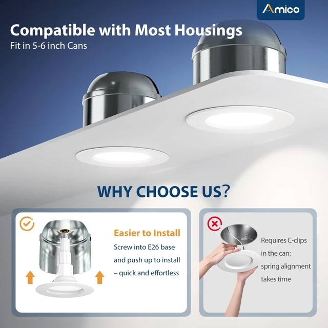 Alt view image 6 of 6 - Amico 5/6 Inch Adjustable LED Recessed Lights, 4 Pack, 5CCT Can Lights | 12W=100W, 950LM, 2700K/3000K/4000K/5000K/6000K Selectable, Dimmable, IC & Damp Rated, Retrofit Installation, ETL & FCC