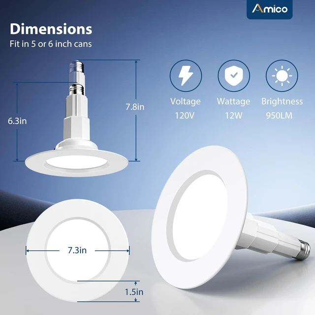 Alt view image 5 of 6 - Amico 5/6 Inch Adjustable LED Recessed Lights, 4 Pack, 5CCT Can Lights | 12W=100W, 950LM, 2700K/3000K/4000K/5000K/6000K Selectable, Dimmable, IC & Damp Rated, Retrofit Installation, ETL & FCC