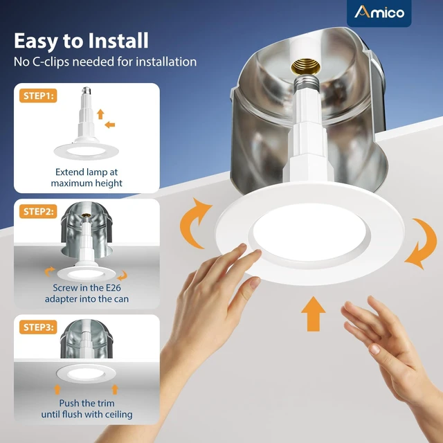 Alt view image 4 of 6 - Amico 5/6 Inch Adjustable LED Recessed Lights, 4 Pack, 5CCT Can Lights | 12W=100W, 950LM, 2700K/3000K/4000K/5000K/6000K Selectable, Dimmable, IC & Damp Rated, Retrofit Installation, ETL & FCC